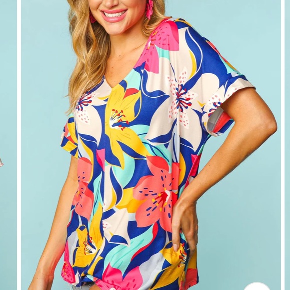 Prep Obsessed Lilly Tropical Floral Pop Drop Shoulder Top - Navy & Yellow - Picture 3 of 9